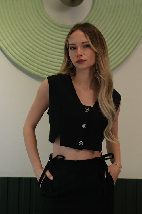 Kadın Siyah Crop Yelek Bol Paça Pantolon Takım