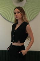 Kadın Siyah Crop Yelek Bol Paça Pantolon Takım