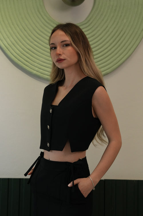 Kadın Siyah Crop Yelek Bol Paça Pantolon Takım