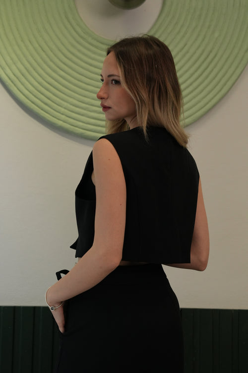 Kadın Siyah Crop Yelek Bol Paça Pantolon Takım