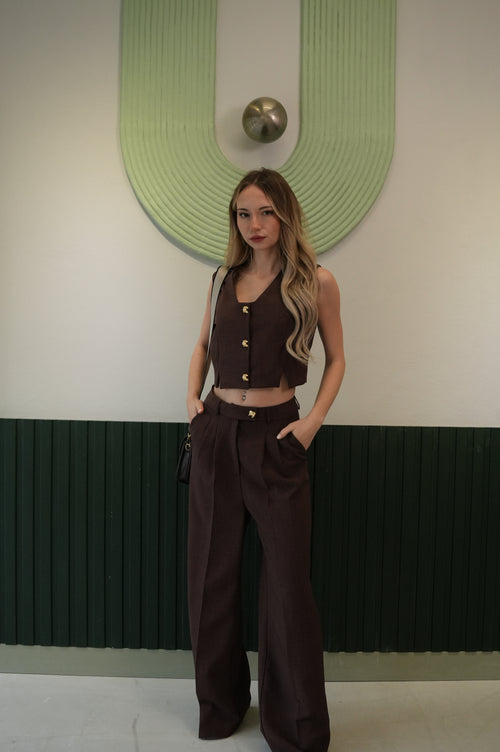 Kadın Kahve Crop Yelek Bol Paça Pantolon Takım