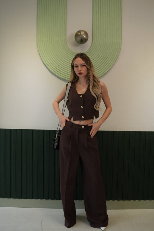 Kadın Kahve Crop Yelek Bol Paça Pantolon Takım