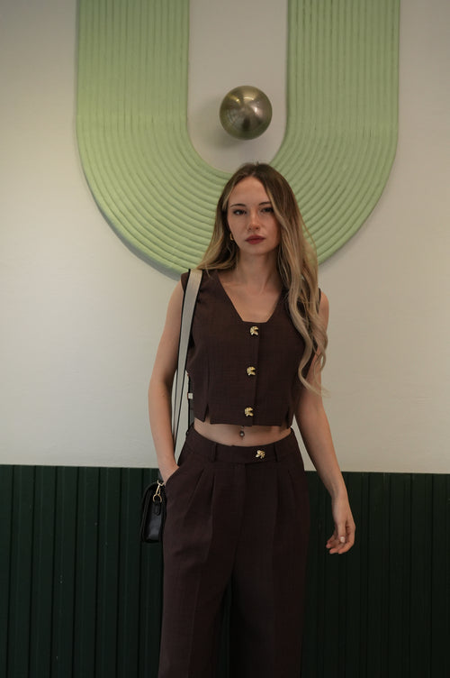Kadın Kahve Crop Yelek Bol Paça Pantolon Takım