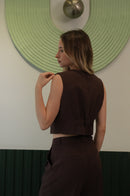 Kadın Kahve Crop Yelek Bol Paça Pantolon Takım