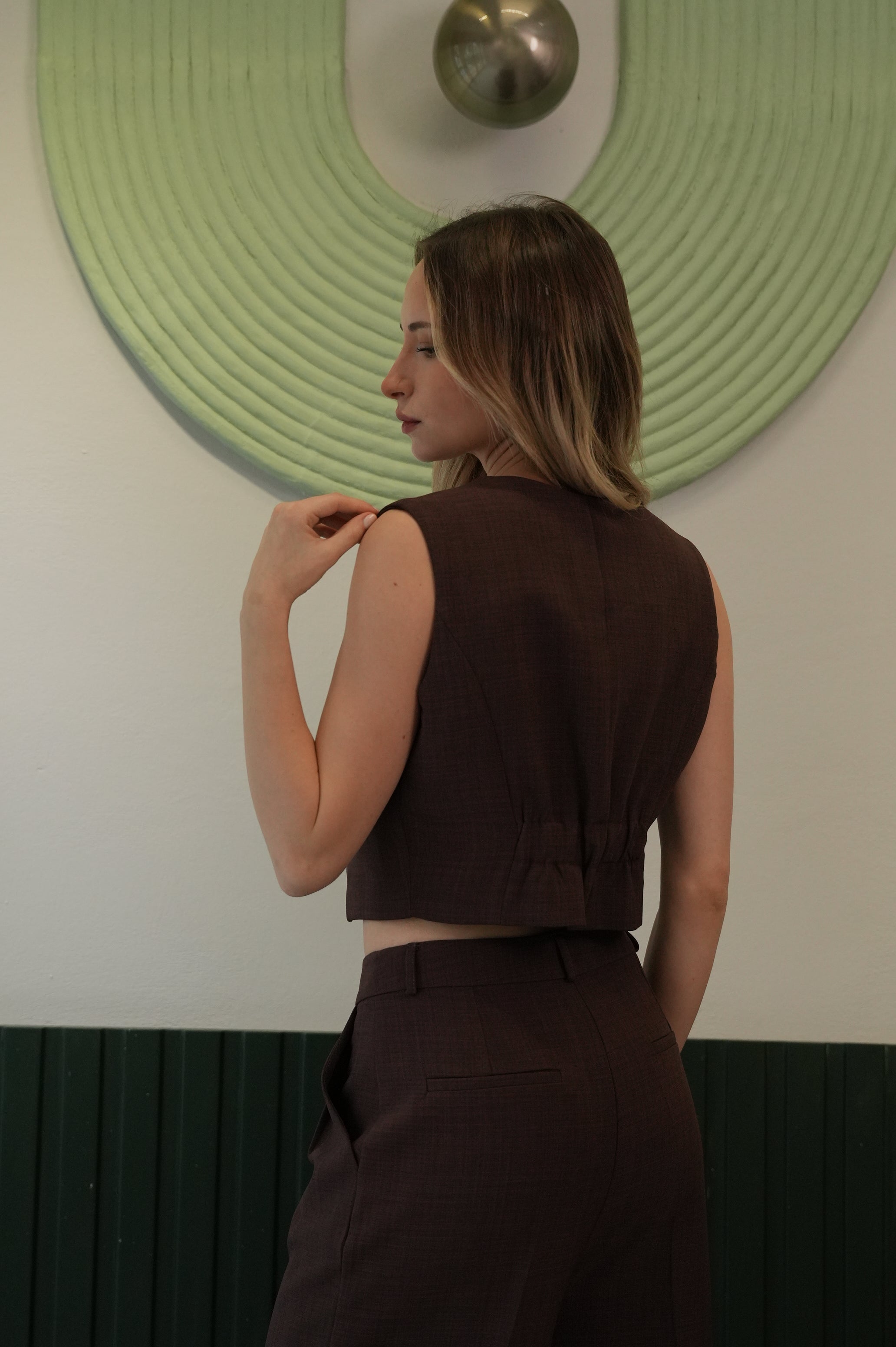 Kadın Kahve Crop Yelek Bol Paça Pantolon Takım