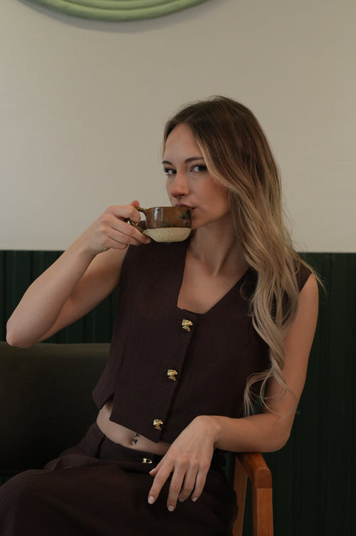 Kadın Kahve Crop Yelek Bol Paça Pantolon Takım