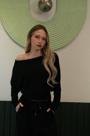 Kadın Siyah Kayık Yaka Jogger Pantolon Takım