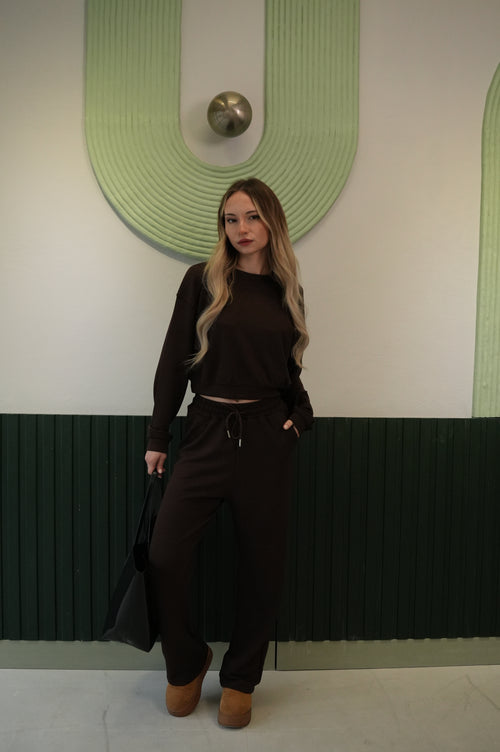 Kadın Kahverengi Crop Sweatshirt Jogger Pantolon Takım