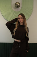 Kadın Kahverengi Crop Sweatshirt Jogger Pantolon Takım