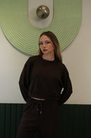 Kadın Kahverengi Crop Sweatshirt Jogger Pantolon Takım