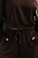 Kadın Kahverengi Crop Sweatshirt Jogger Pantolon Takım