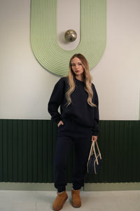 Kadın Lacivert Crop Sweatshirt Jogger Pantolon Takım