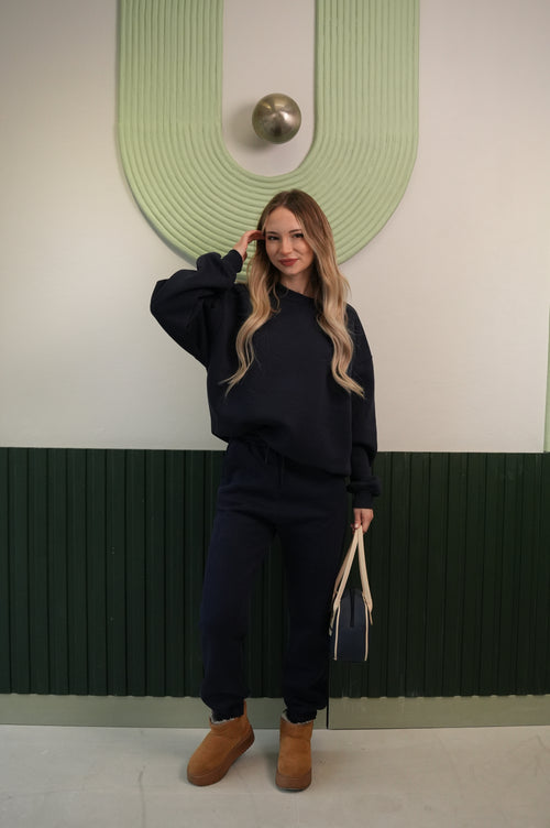 Kadın Lacivert Crop Sweatshirt Jogger Pantolon Takım