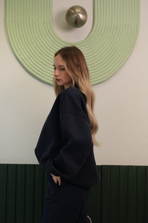 Kadın Lacivert Crop Sweatshirt Jogger Pantolon Takım