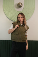 Fermuarlı Cep Detaylı Kolsuz Yelek – Haki