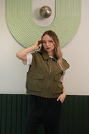 Fermuarlı Cep Detaylı Kolsuz Yelek – Haki