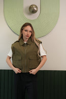 Fermuarlı Cep Detaylı Kolsuz Yelek – Haki