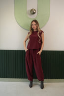 Kolsuz Bluz & Bağcıklı Pantolon Takımı – Bordo