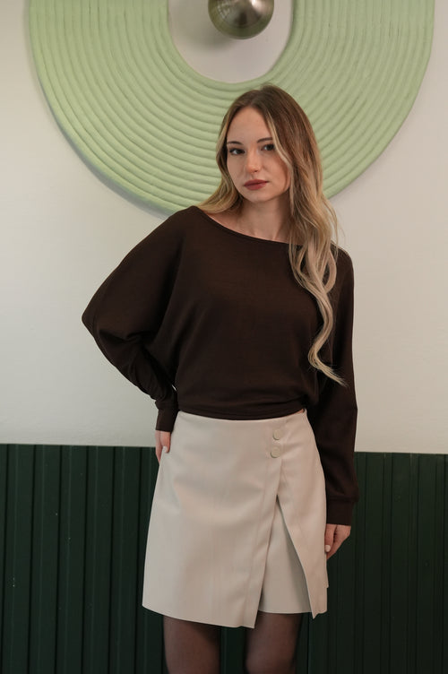 Asimetrik Düğme Detaylı Mini Etek – Bej