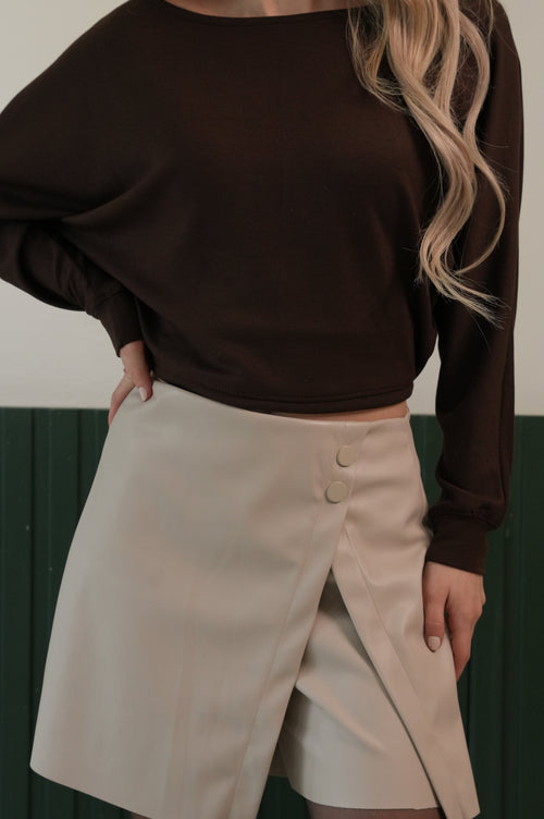 Asimetrik Düğme Detaylı Mini Etek – Bej
