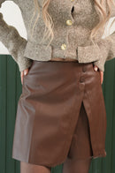 Düğme Detaylı Kruvaze Mini Etek – Kahverengi