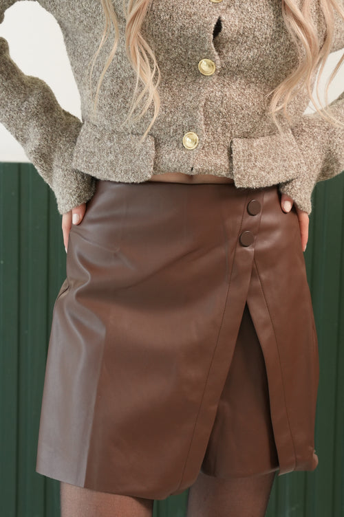 Düğme Detaylı Kruvaze Mini Etek – Kahverengi