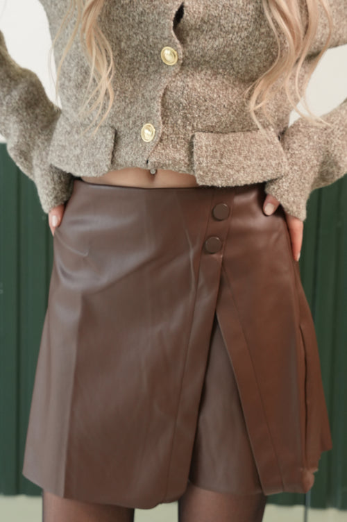 Düğme Detaylı Kruvaze Mini Etek – Kahverengi