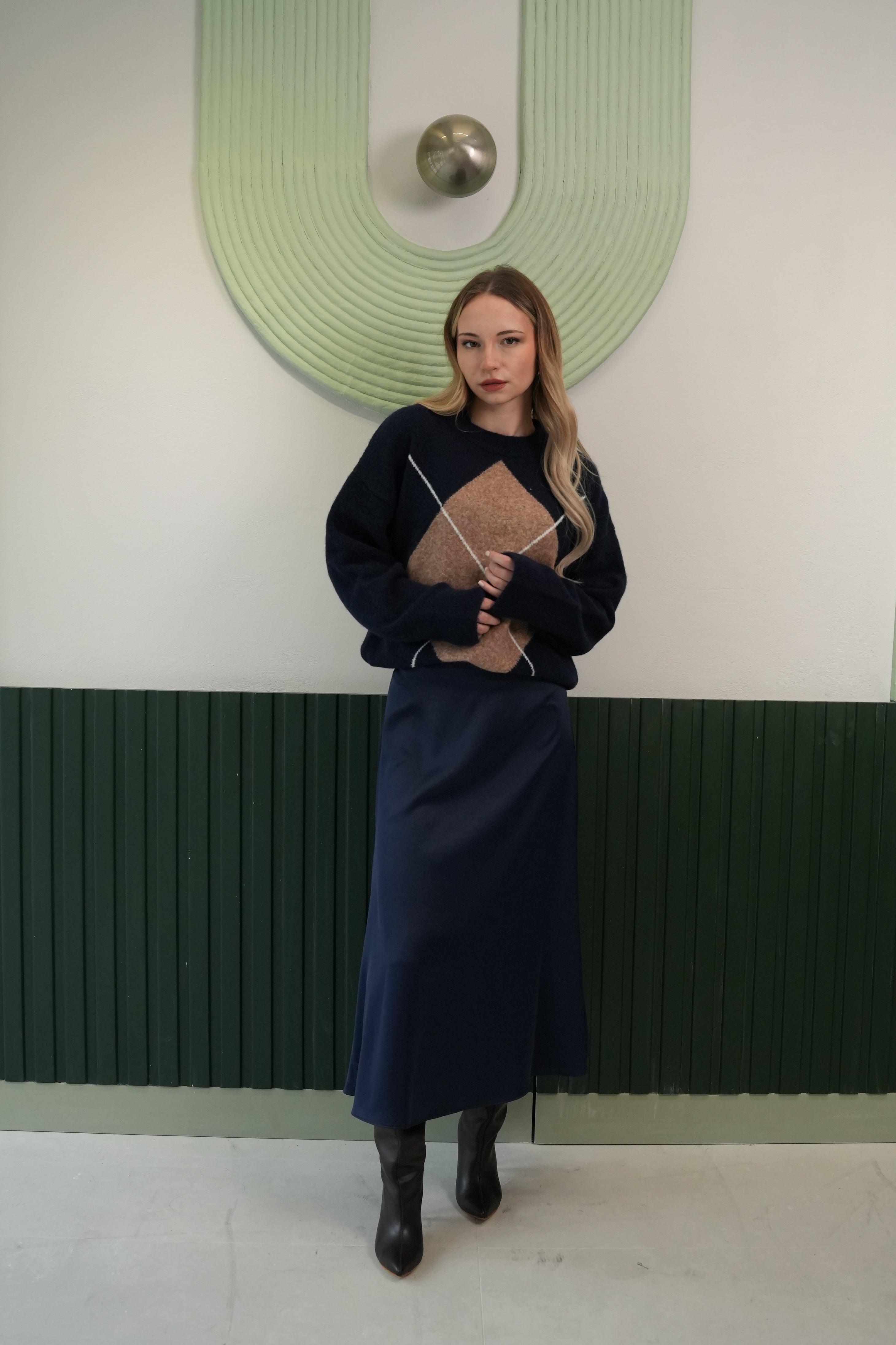 Kadın Desenli Bisiklet Yaka Triko Kazak – Lacivert