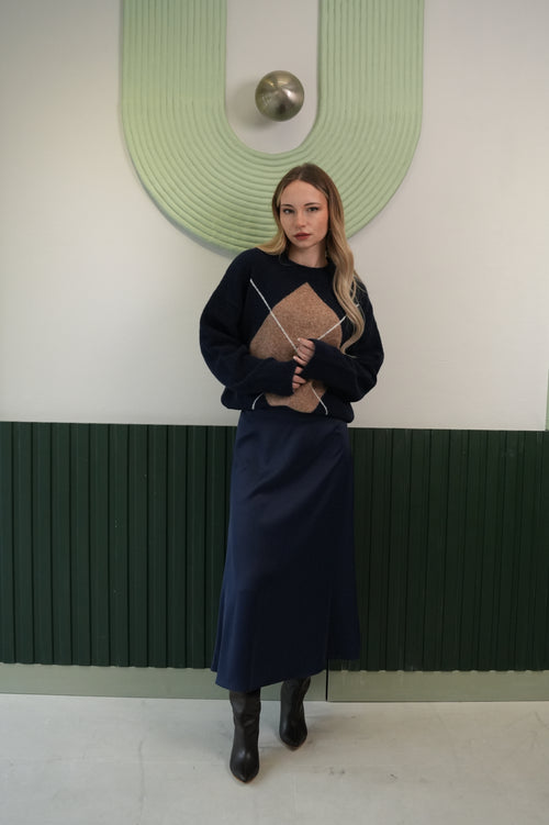 Kadın Desenli Bisiklet Yaka Triko Kazak – Lacivert