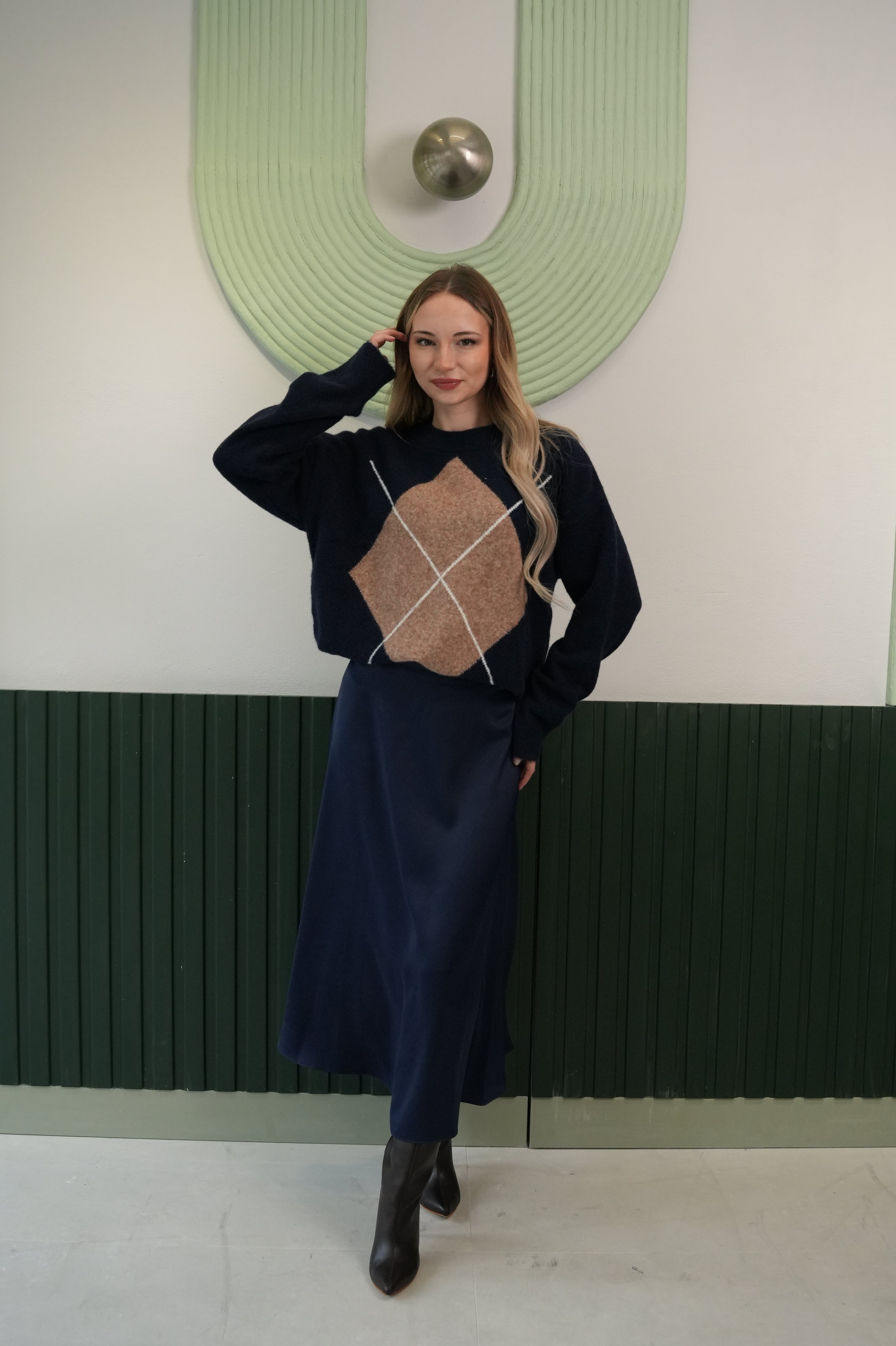 Kadın Desenli Bisiklet Yaka Triko Kazak – Lacivert