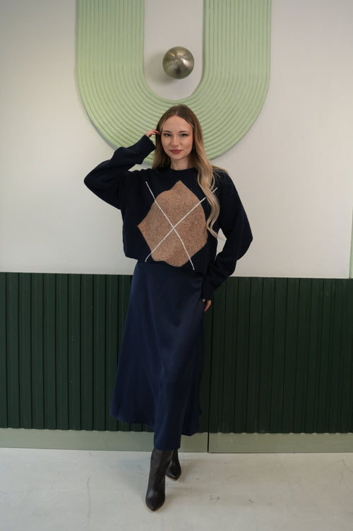 Kadın Desenli Bisiklet Yaka Triko Kazak – Lacivert