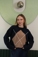 Kadın Desenli Bisiklet Yaka Triko Kazak – Lacivert