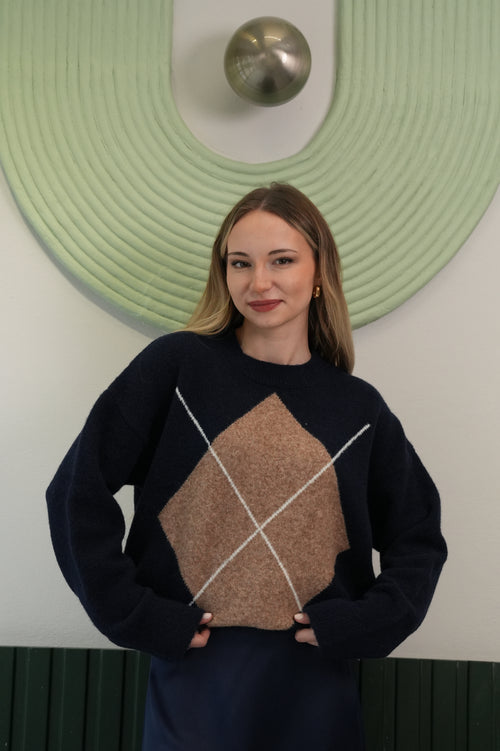 Kadın Desenli Bisiklet Yaka Triko Kazak – Lacivert