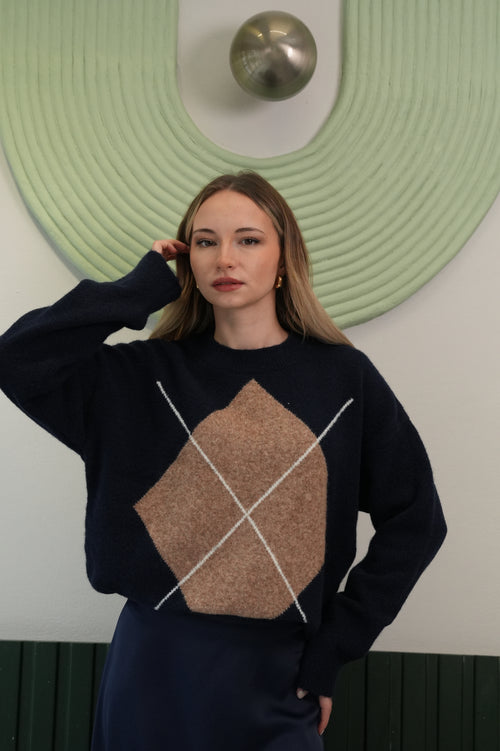 Kadın Desenli Bisiklet Yaka Triko Kazak – Lacivert