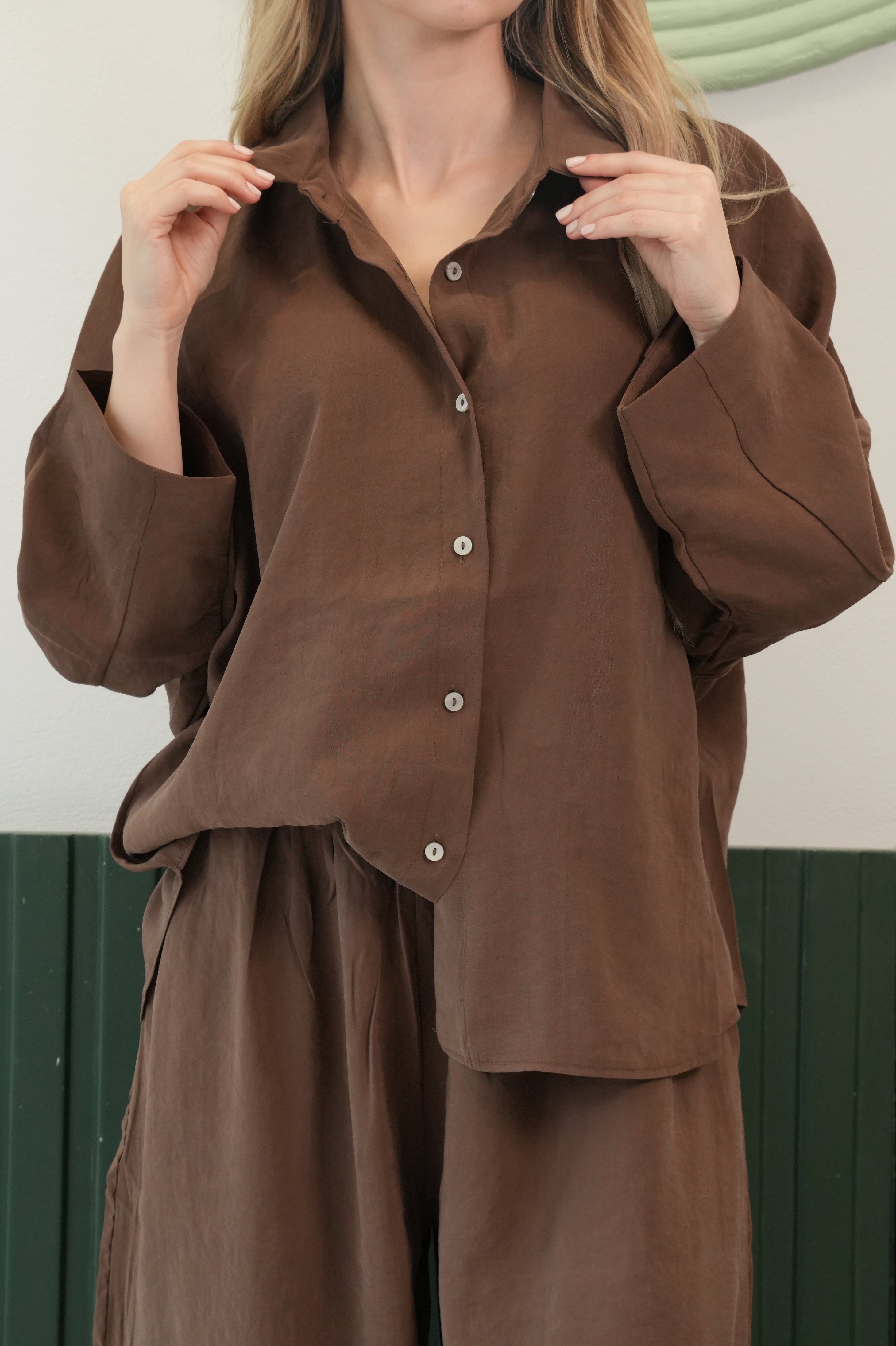 Oversize Gömlek & Bol Paça Pantolon Takım – Kahverengi