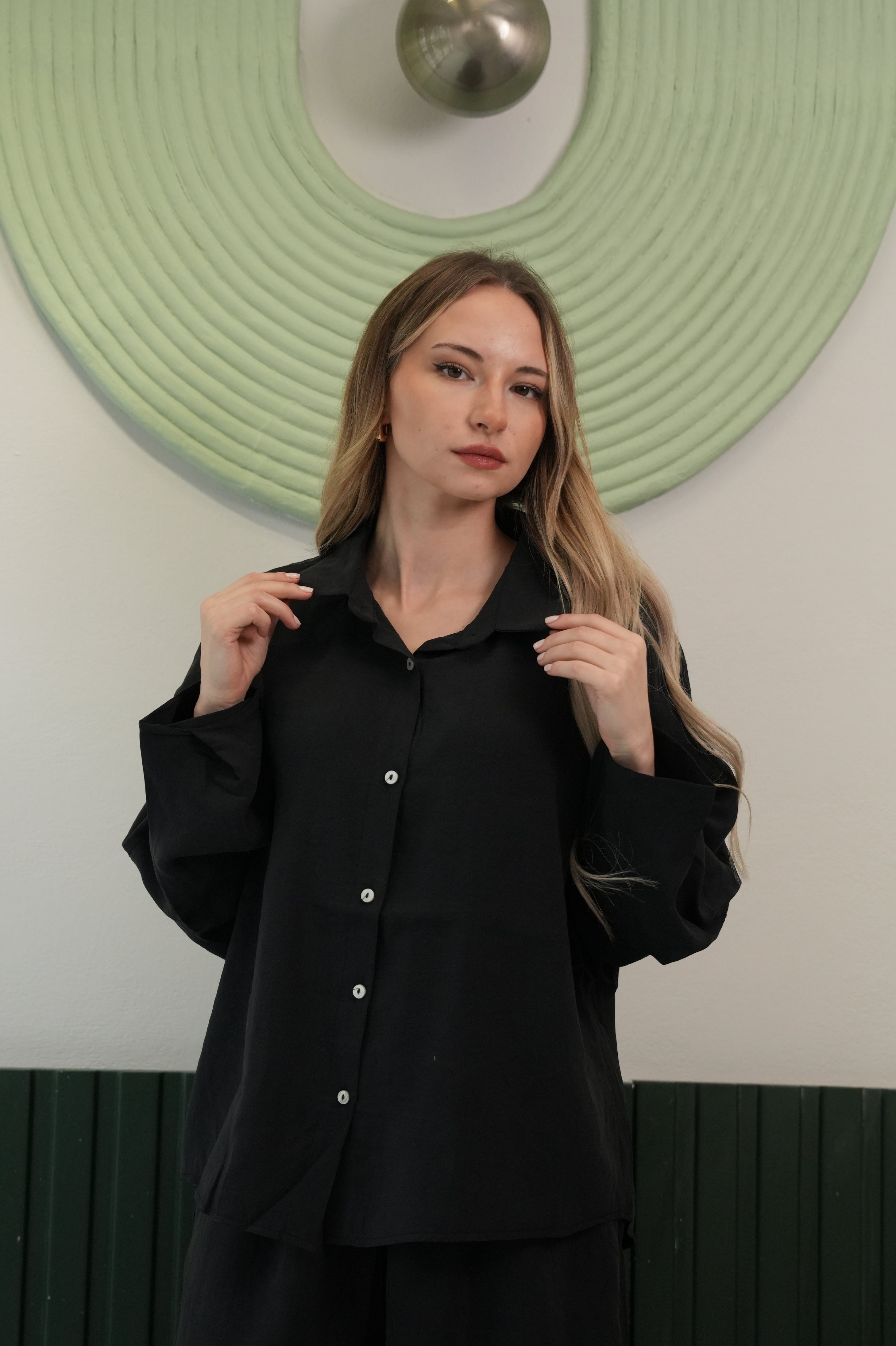 Oversize Gömlek & Bol Paça Pantolon Takım – Siyah
