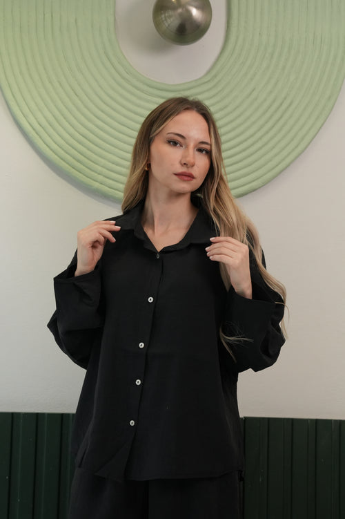 Oversize Gömlek & Bol Paça Pantolon Takım – Siyah