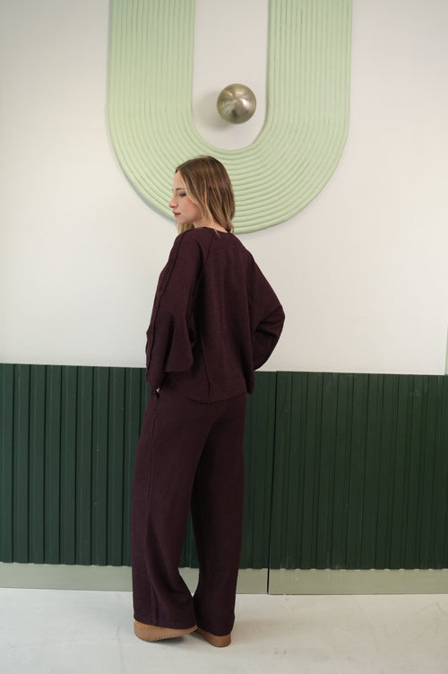 Dokulu Oversize Üst & Bol Paça Pantolon Takım – Bordo