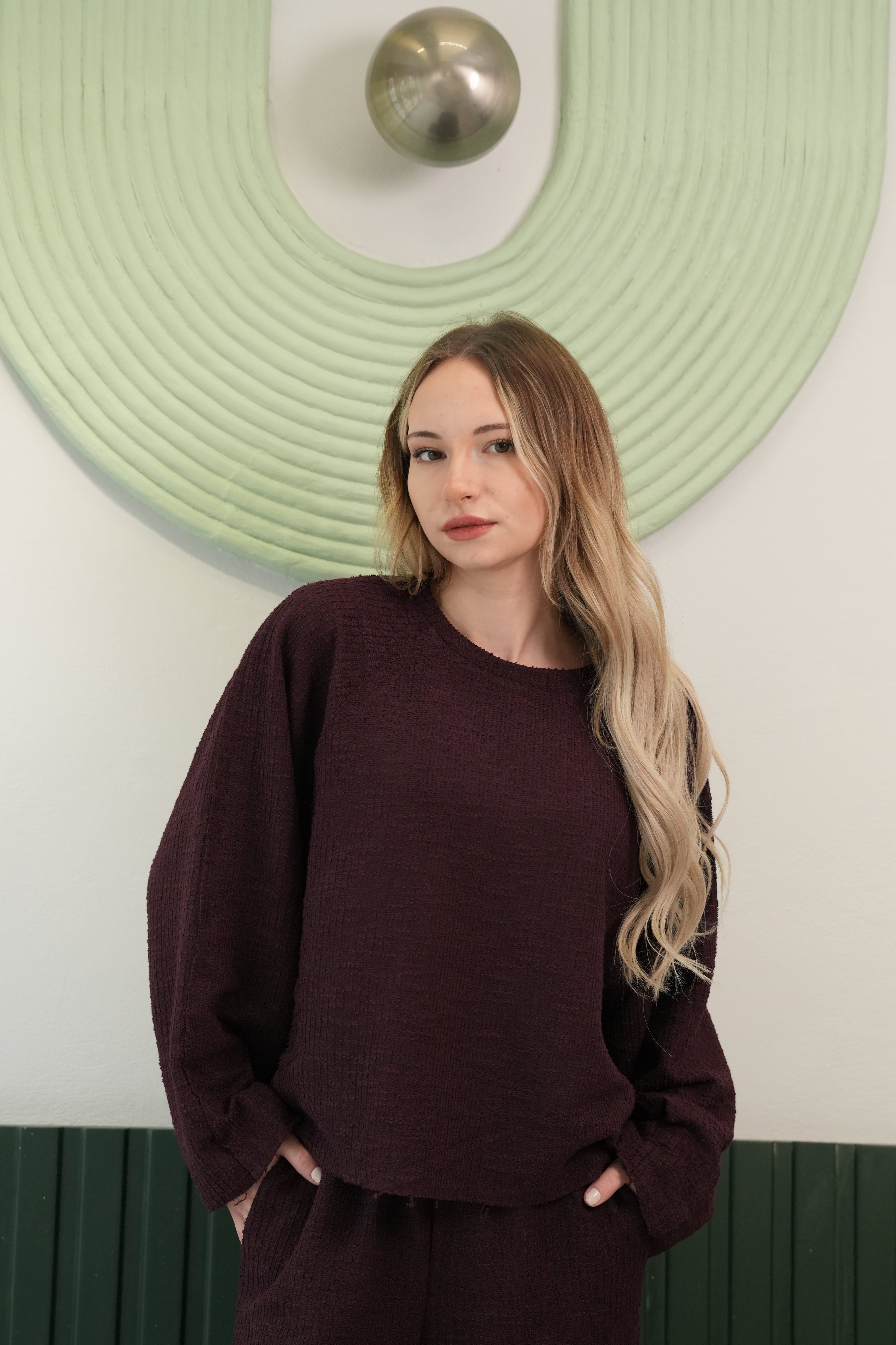 Dokulu Oversize Üst & Bol Paça Pantolon Takım – Bordo