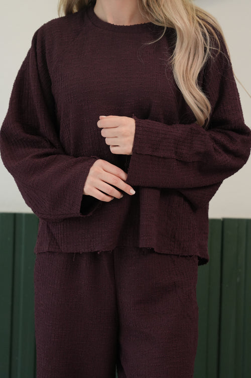 Dokulu Oversize Üst & Bol Paça Pantolon Takım – Bordo