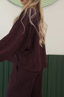 Dokulu Oversize Üst & Bol Paça Pantolon Takım – Bordo