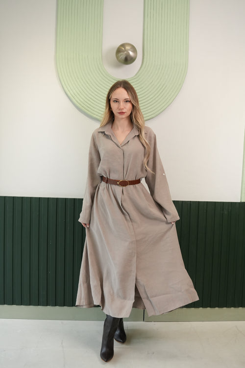 Kemer Detaylı Bej Gömlek Elbise