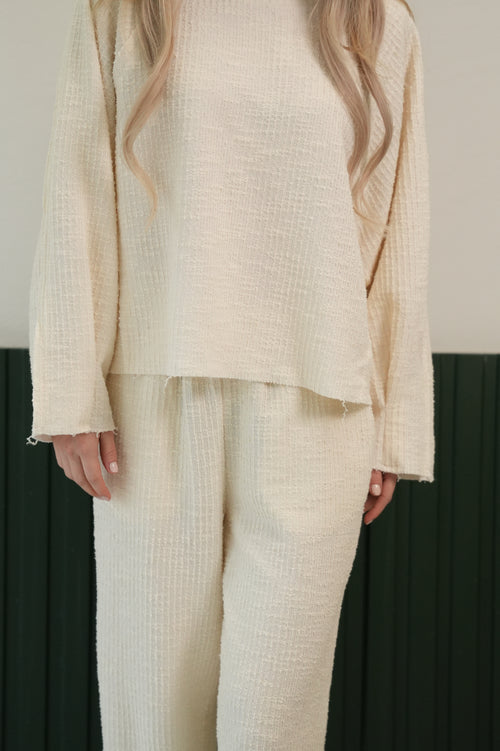 Dokulu Bluz & Bol Paça Pantolon Takım - Krem