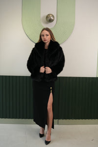 Kruvaze Yaka Suni Kürk Ceket – Siyah