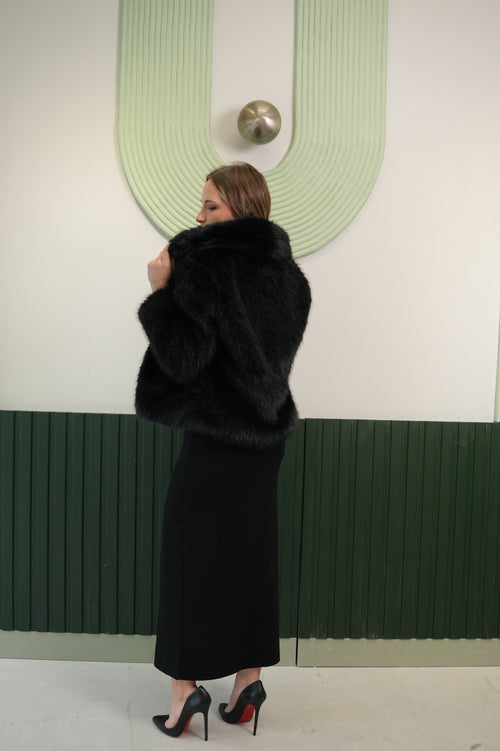 Kruvaze Yaka Suni Kürk Ceket – Siyah