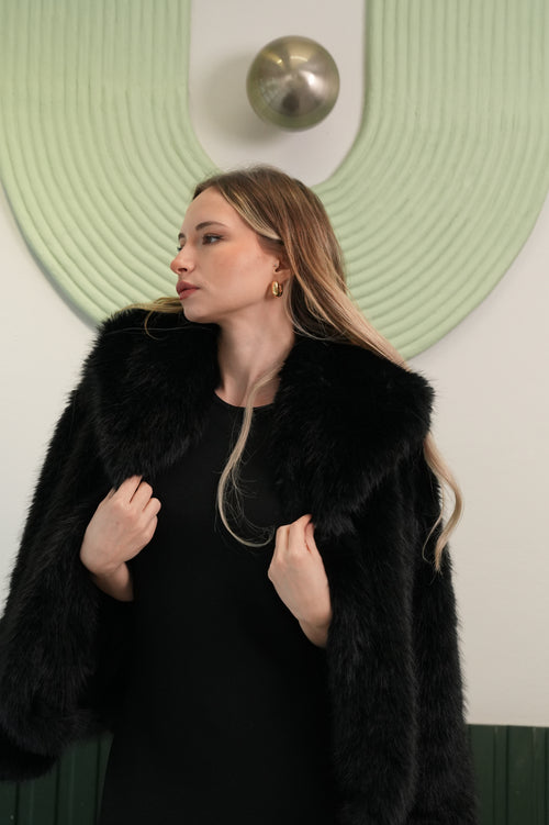 Kruvaze Yaka Suni Kürk Ceket – Siyah
