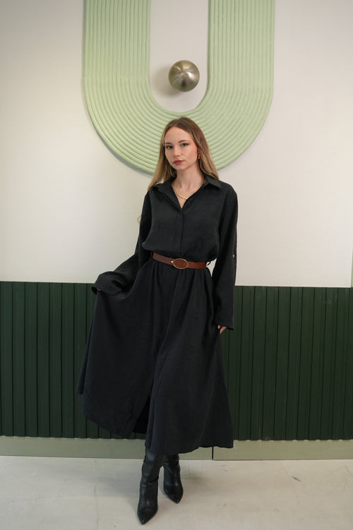 Kemerli Siyah Uzun Elbise