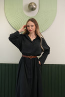 Kemerli Siyah Uzun Elbise