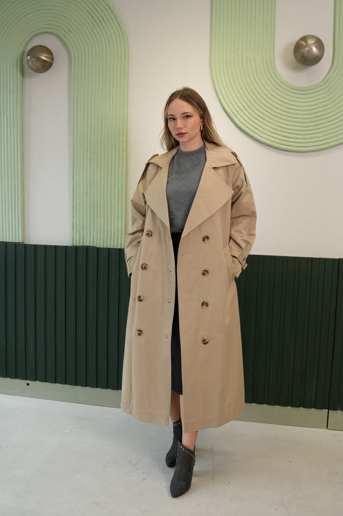 Klasik Kesim Kemerli Uzun Trençkot – Bej