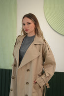 Klasik Kesim Kemerli Uzun Trençkot – Bej